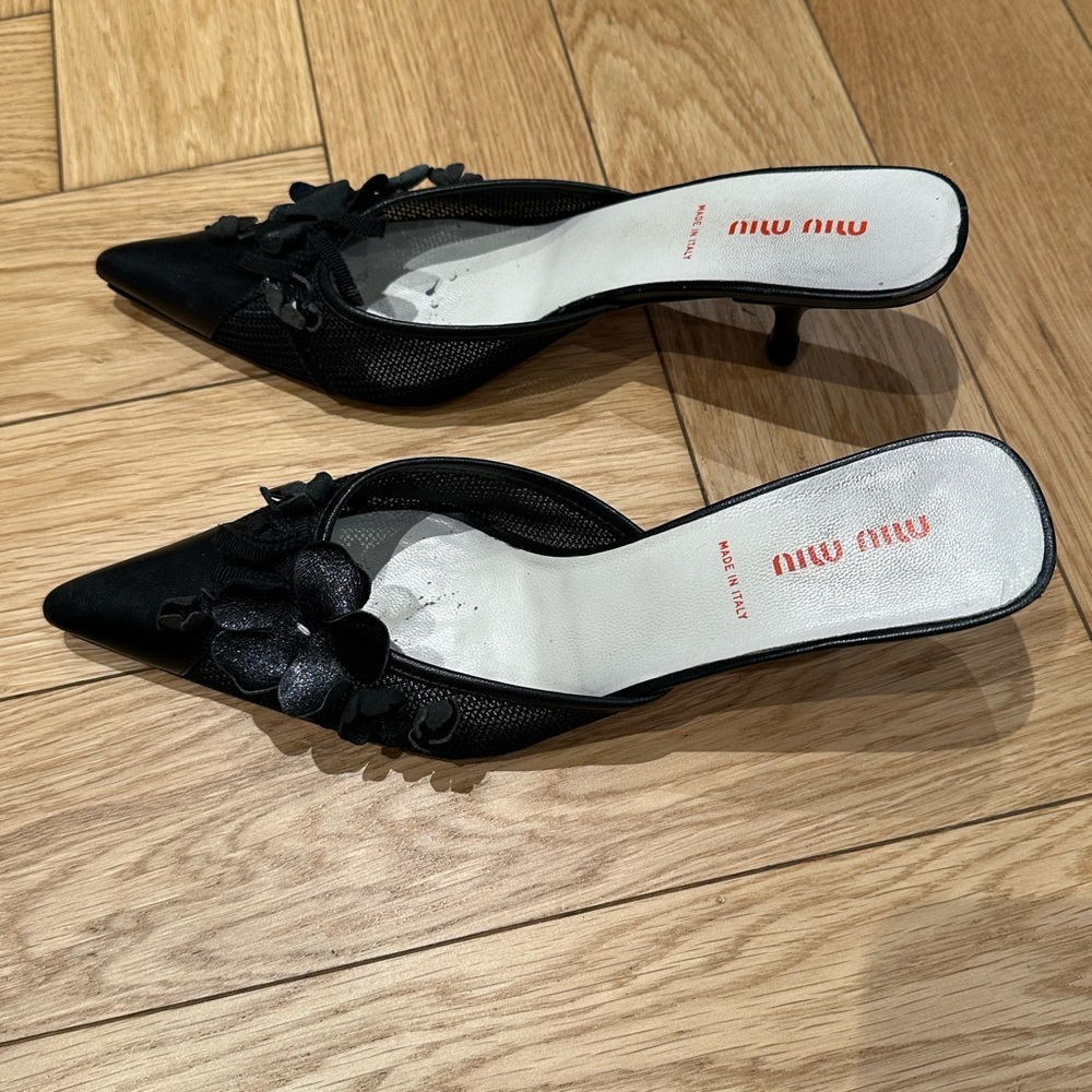 Miu Miu Black Floral Embellished Kitten Heels - Picture 2 of 5